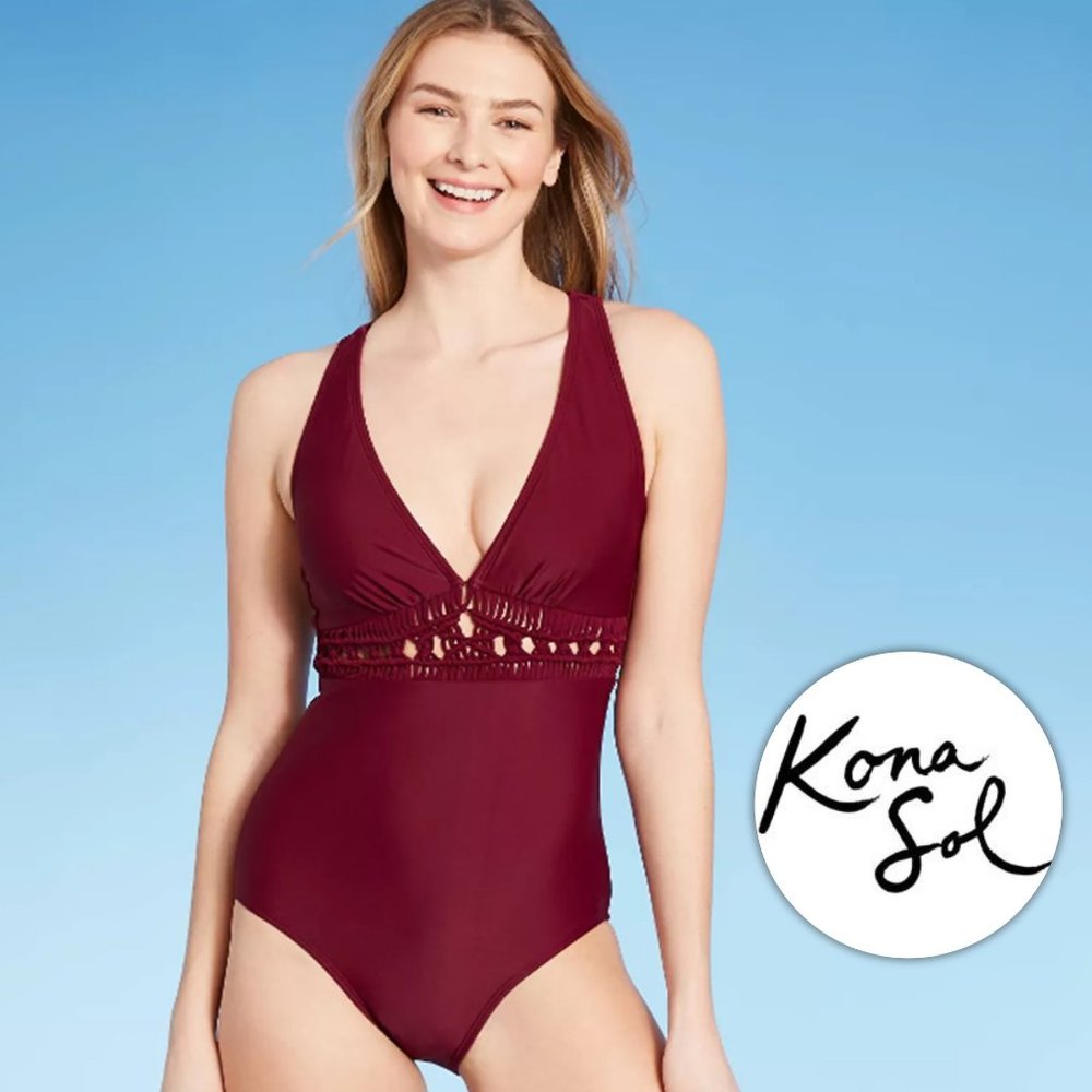 KONA SOL Macrame Medium Coverage One Piece Burgundy Swimsuit  NEW WITH T…